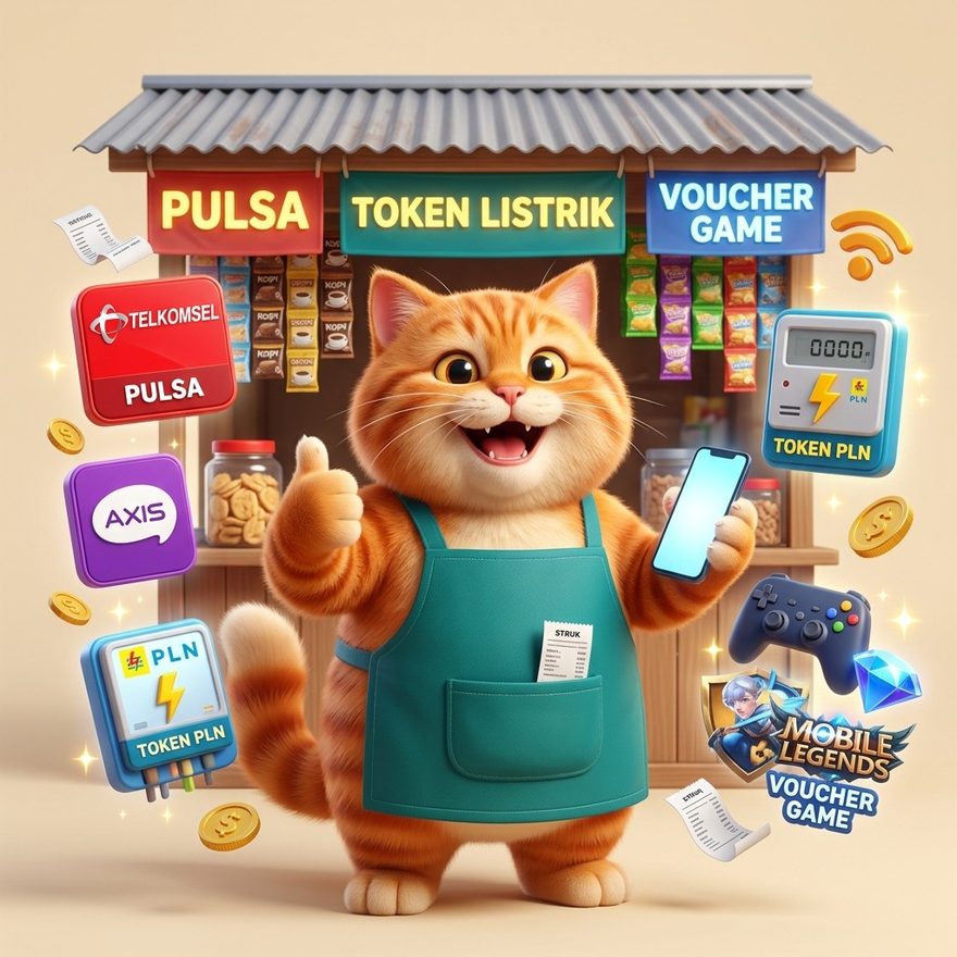 Azi, maskot Atoz Indonesia, kucing oranye penjaga warung yang menjual pulsa, token listrik, dan voucher game